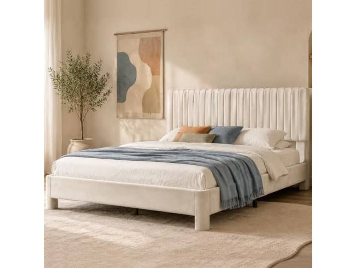 Vipbear Polsterbett 180 x 200 cm Doppelbett mit Höhenverstellbarem Kopfteil，Stabiler Bettrahmen Samtbezug mit Lattenrost,Gepolstertes Bettgestell Jugendbett,Beige