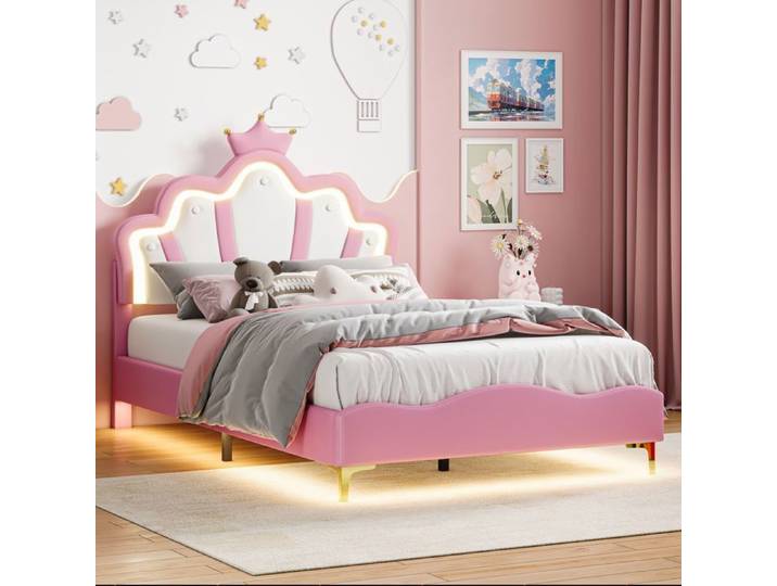 Lit pour enfant 140x190cm avec LED-DADEA-Lit enfant Lit princesse couronne Lit enfant fille Lit avec sommier à Lattes Rose PU