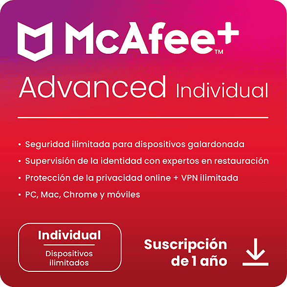 Antivirus- McAfee®+ Advanced Individual, Seguridad Internet, Dispositivos ilimitados, Suscripción 1 año, Código descarga