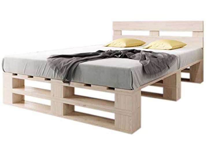 sunnypillow Paletten Bett M2 aus Holz 160x200cm mit Kopfteil, 2 Bett kästen Doppelbett, Familienbett, erhöhtes Bettgestell Futonbett Komforthöhe Naturholz Massivholzbett