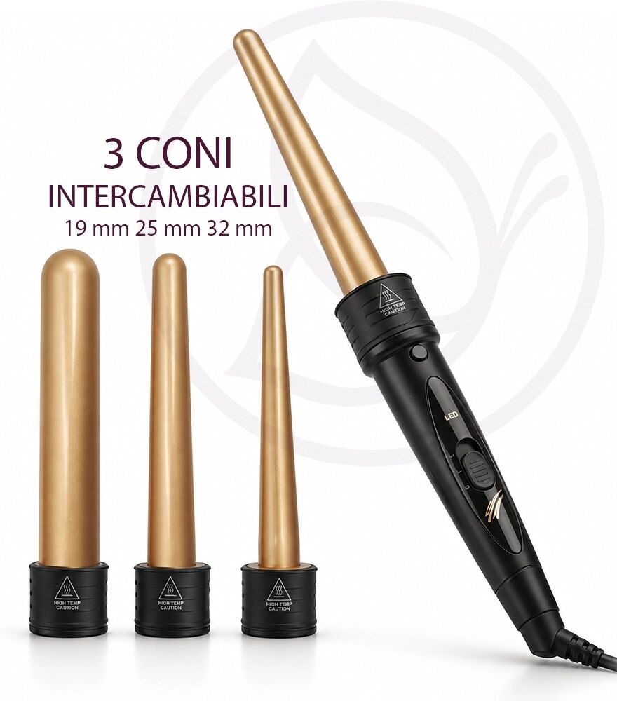 Melcap Ferro Arricciacapelli Professionale 3 in 1 Wave Gold Style con 3 Coni Intercambiabili