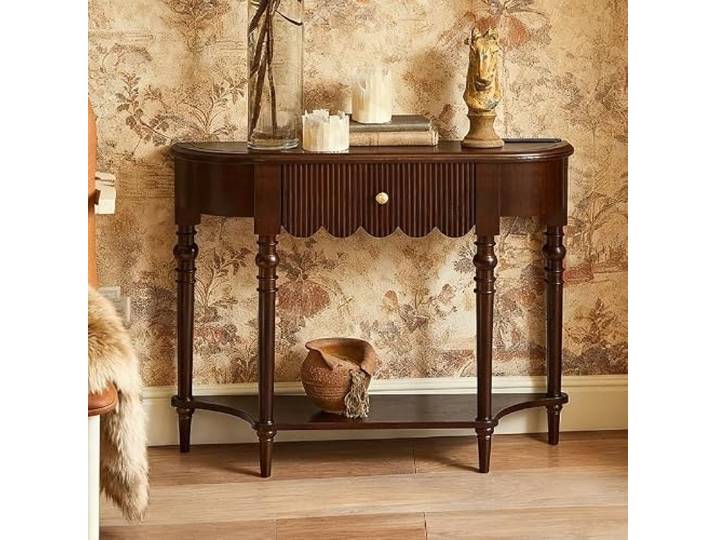 Massivholz Konsolentisch Mit Schublade, Schmaler Flurtisch Halbrund Massivholz-Konstruktion, Platzsparendes Design, Vintage-Akzente, Einfache Montage(Brown,47.2inW/120cm)