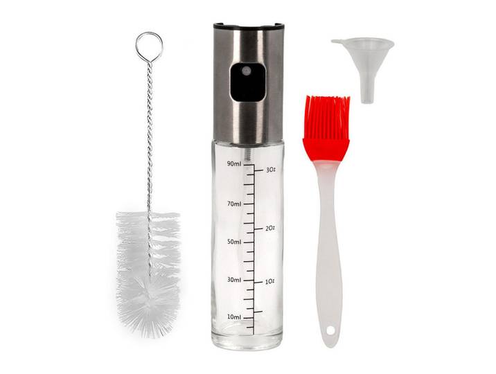 Intirilife Öl-Sprühflasche mit Backpinsel, Flaschenbürste und Öltrichter, Transparent, Glas, 3.9x18x3.9 cm, Küchenzubehör, Küchenhelfer, Küchenutensilien