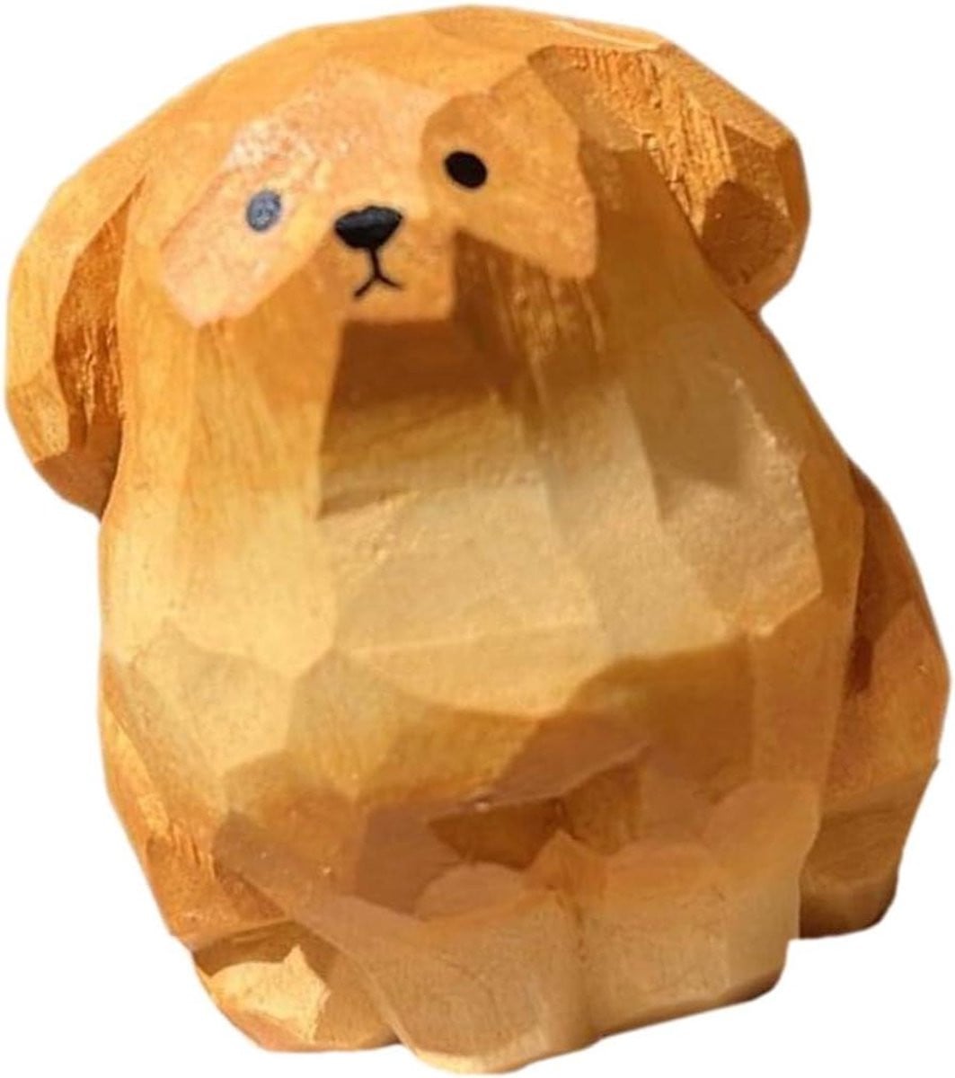 Handgesneden houten hond ornament voor woonkamer decoratie, bruin, 3 x 4 cm