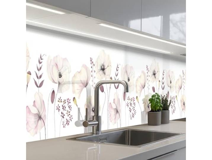 KitchenYeah© Spritzschutz Küchenrückwand Küche Abwaschbar Selbstklebend 60x400 cm - Küchenwand Küchenfront Küchen Rückenwand Wandschutz Blumen - Pastell - Pflanzen - Weiß