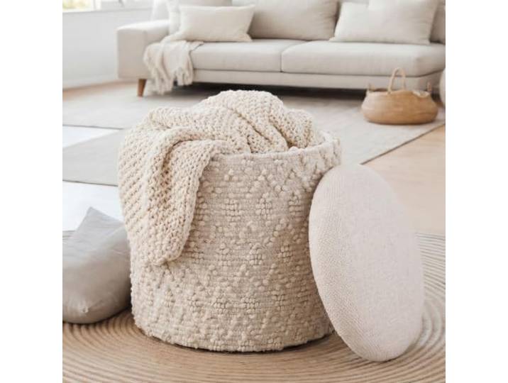 möbelando freiraum Sitzhocker mit Stauraum, Boho Polsterhocker aus 100% Wolle, rund, Creme, Ø 40 x 45 cm, Fußhocker mit abnehmbarem Deckel