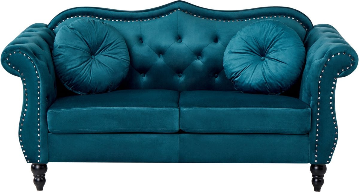 Skien Chesterfield Tweezitsbank - Groenblauw Fluweel - 2-zitsbank met knopenafwerking