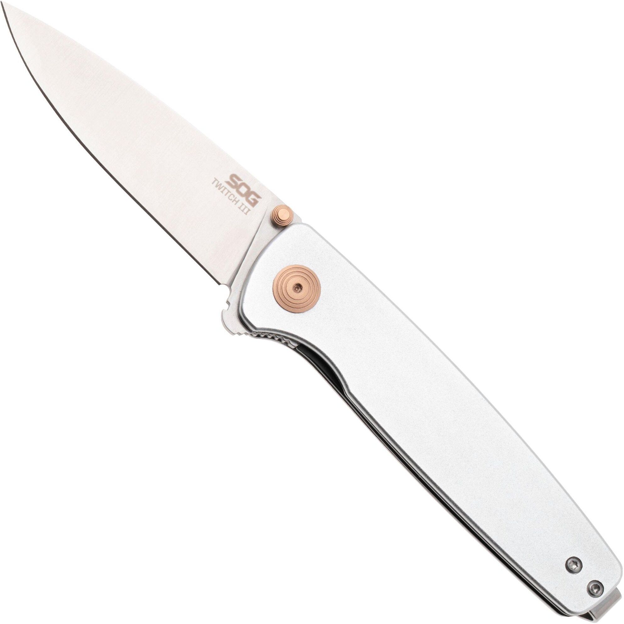SOG Twitch III 11-15-02-43, Satin 154CM, Grey Aluminum, Rose Gold Hardware coltello da tasca