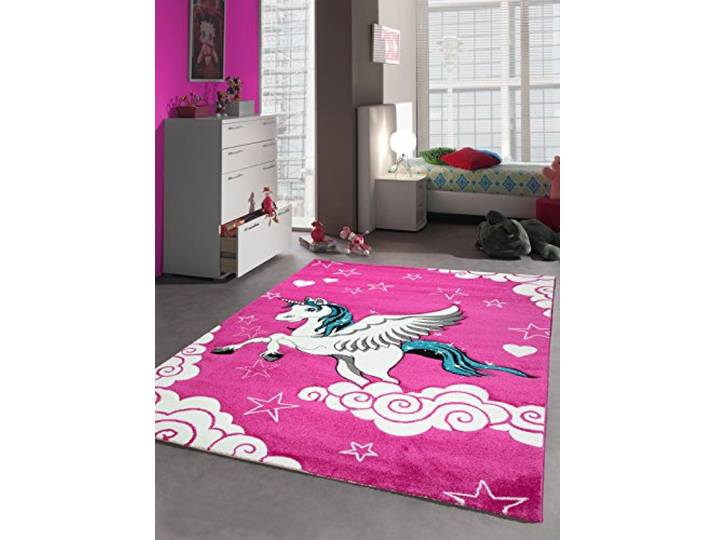 Kinderteppich Spielteppich Kinderzimmer Teppich Einhorn Design mit Konturenschnitt Pink Creme Türkis Größe 160x230 cm