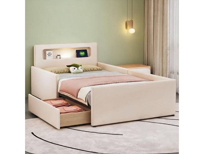 Lit pour chambre d'enfant 1 place 90x200 cm revêtement simili cuir beige-toned avec rangement et veilleuse