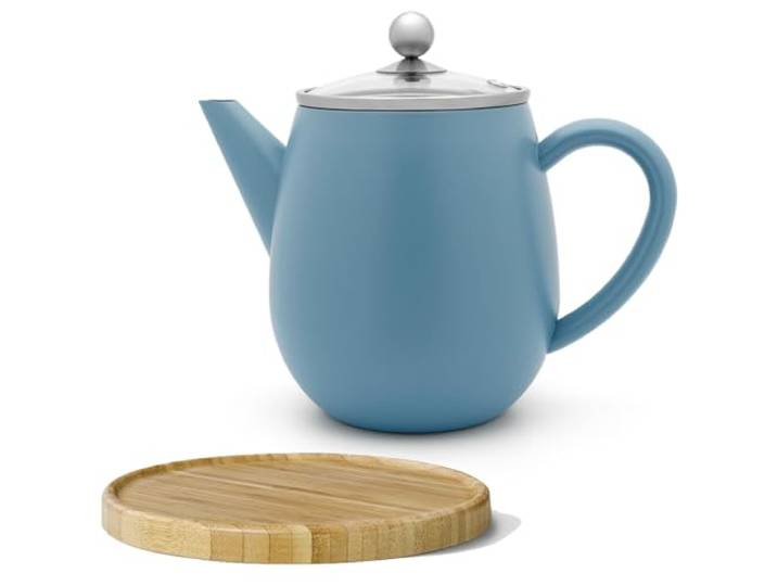 Bredemeijer Doppelwandige Teekanne 1.1 Liter - blaue isolierende Edelstahl Kanne Set mit braunem Holzuntersetzer & Tee-Filter-Sieb-Einsatz - für lose Teesorten