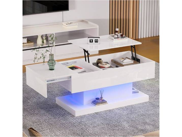 Lemonbest Table basse relevable table de salon avec LED et Espace de Rangement 100x50x45cm Design Coulissant latéralement Blanc