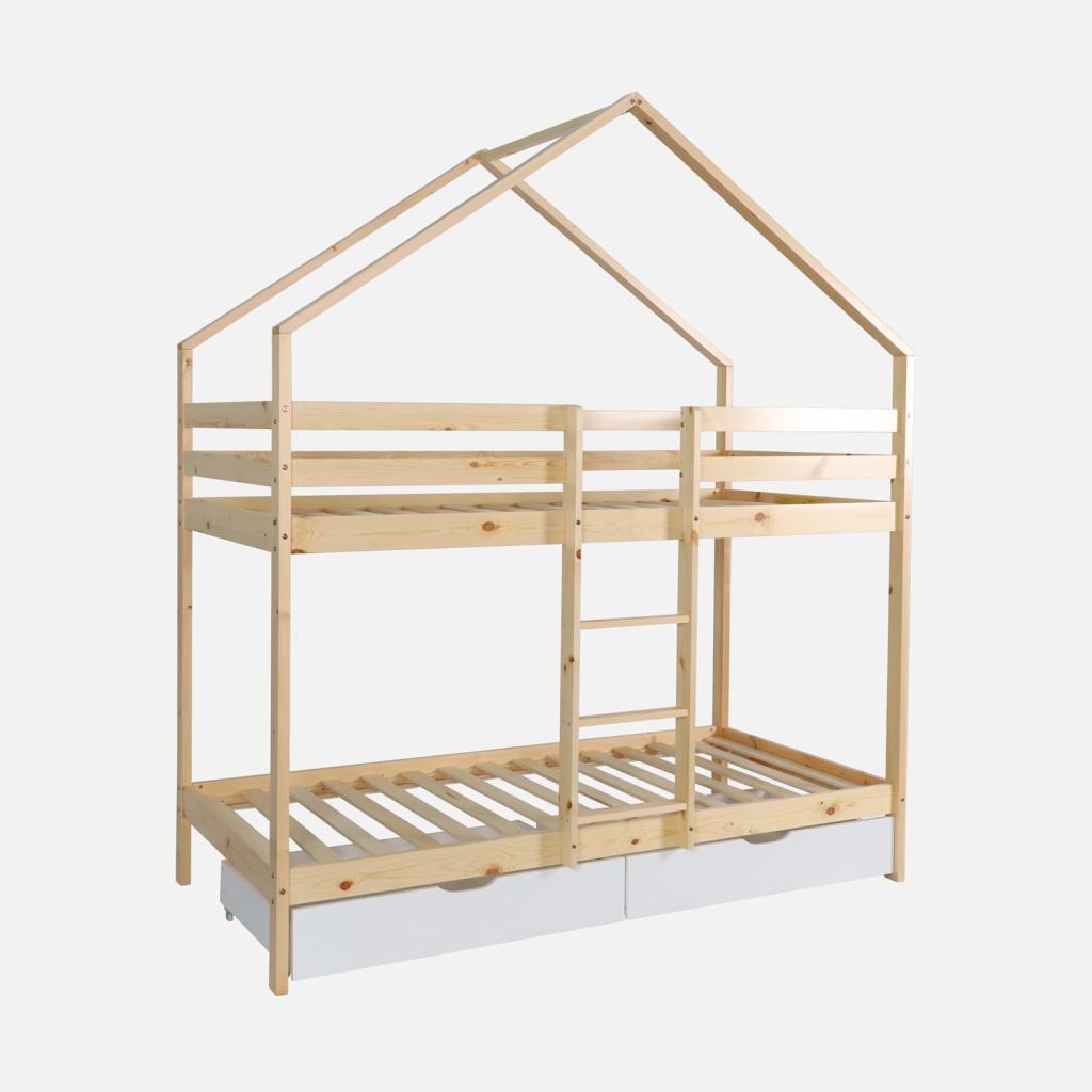 sweeek - Kinder-Etagenbett Hausbett 90 x 190 cm aus naturbelassenem Kiefernholz mit Schubkästen - Weiß