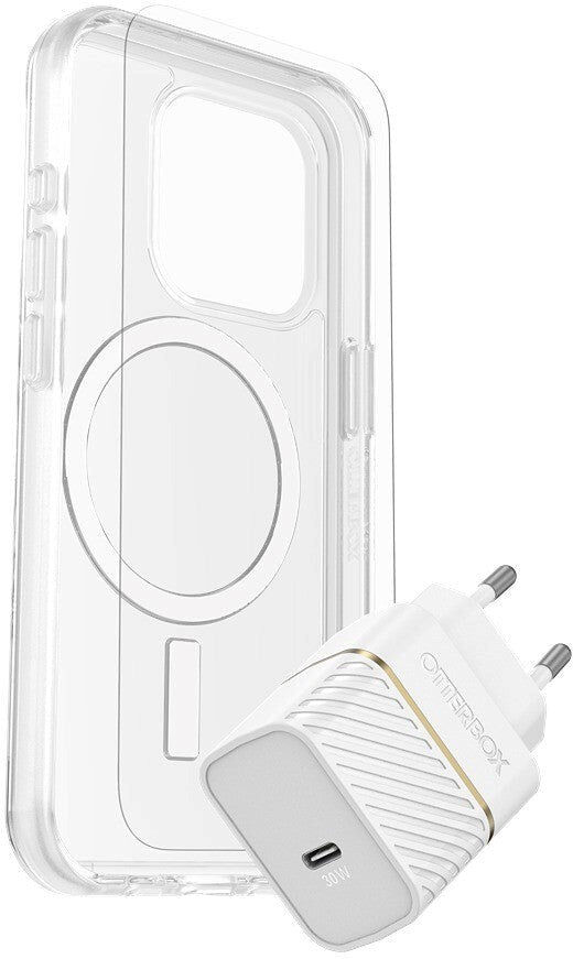 OtterBox iPhone 15 Pro Protection + Power Kit - MagSafe Cover, Skærmbeskyttelse & 30W Vægoplader - Gennemsigtig / Hvid