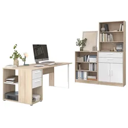 BÜROMÖBEL-SET Eiche, weiß, Kombination mit Schreibtisch, Container und Stauraumregal