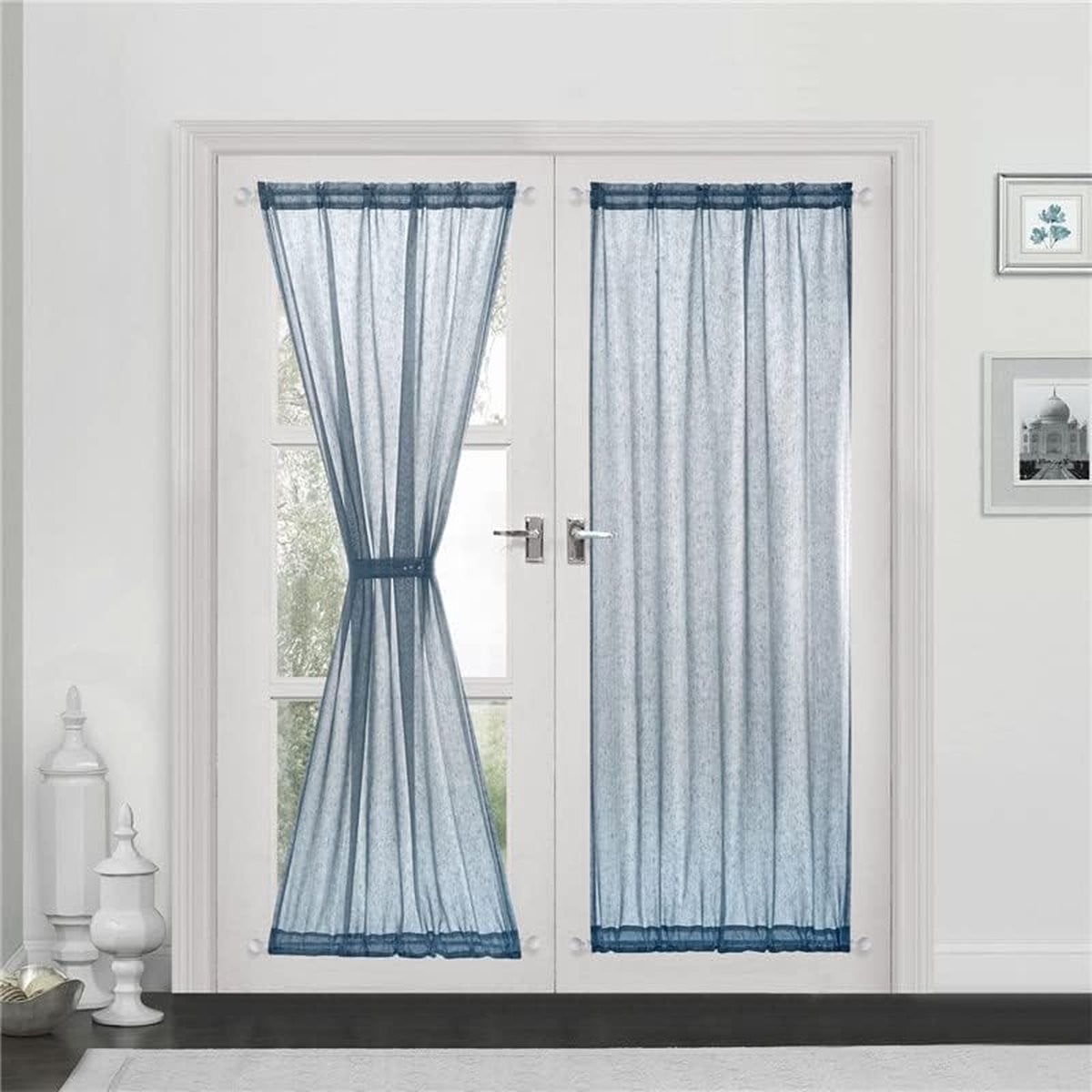 Blauw semi-transparant linnenlook bistrogordijn B: 132 cm, H: 183 cm