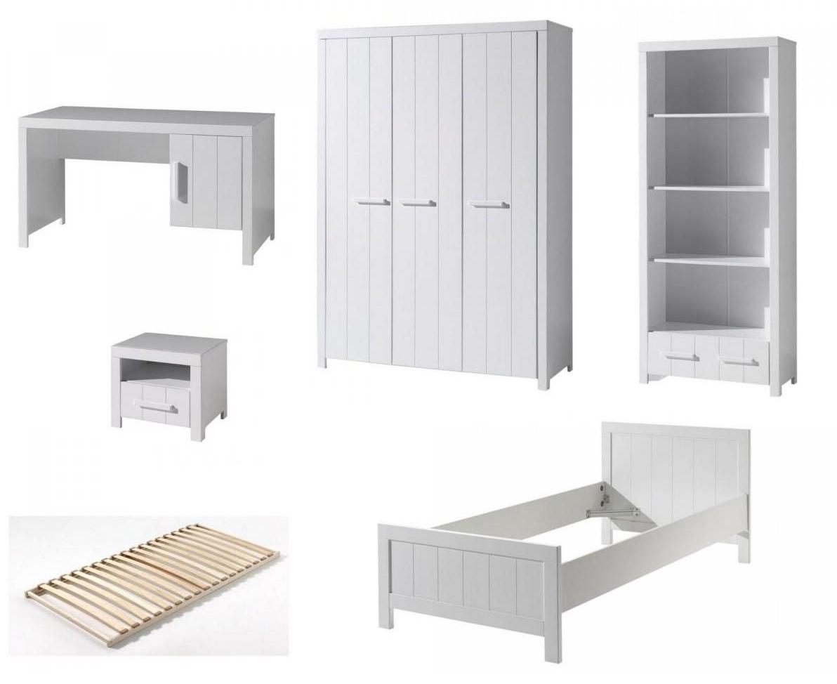 Vipack Kinderzimmer-Set Erik Einzelbett + Schreibtisch + Lattenrost + Nachttisch + 3-türiger Kleiderschrank + Bücherregal