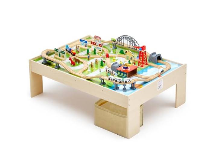 VEVOR Holz Aktivitätstisch, 120-teilig, mit zusammenklappbarem Aufbewahrungsbehälter, 3-in-1-Eisenbahn-Set zum Spielen, Malen, Lesen, Essen, kreatives Spielzeug-Set für Kinder ab 3 Jahren