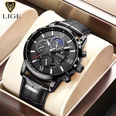 Youfap Market LIGE Luxury Men's Leather Watch Waterproof Quartz Sport Timepiece black