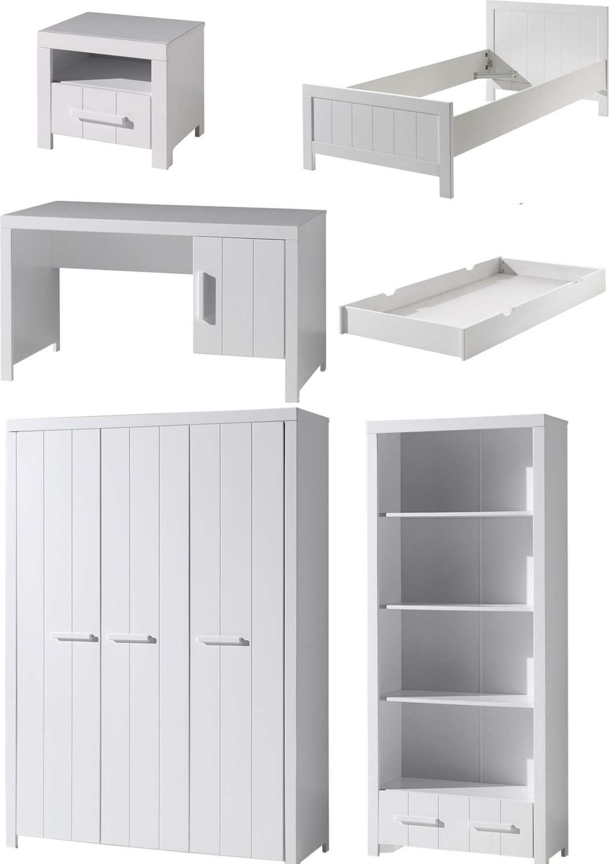 Vipack Kinderzimmer-Set Erik Einzelbett + Ausziehbett + Nachttisch + Schreibtisch + 3-türiger Kleiderschrank + Bücherregal