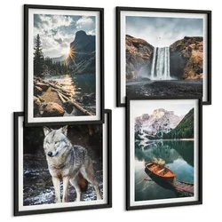 BILDER SET 4er Set - 50x50 cm & 40x60 cm Schwarzer Rahmen - Berge, Seen, Wasserfall, Wolf