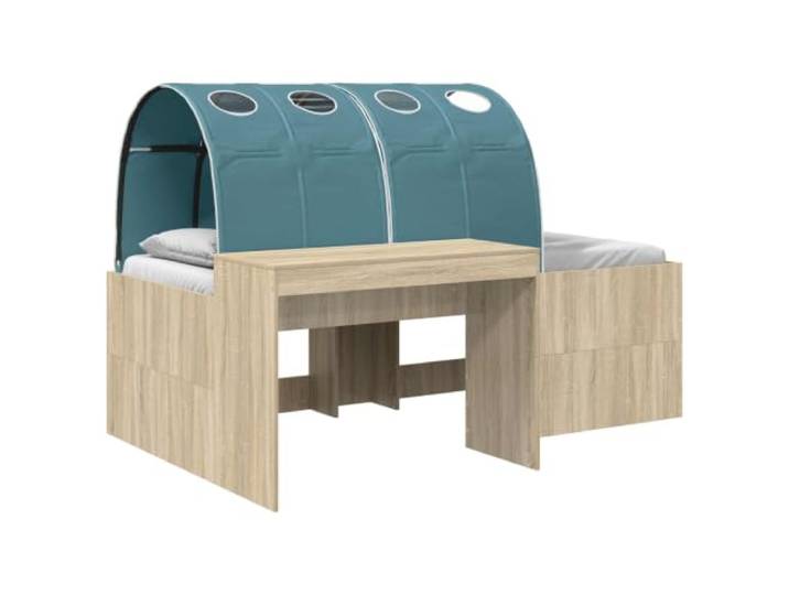 PUGYNBK Loft Bett mit Tunnel, Sonoma-Eiche und Hellblau Lattenrost, Polyester, atmungsaktiv, platzsparend, 3 Einlegeböden