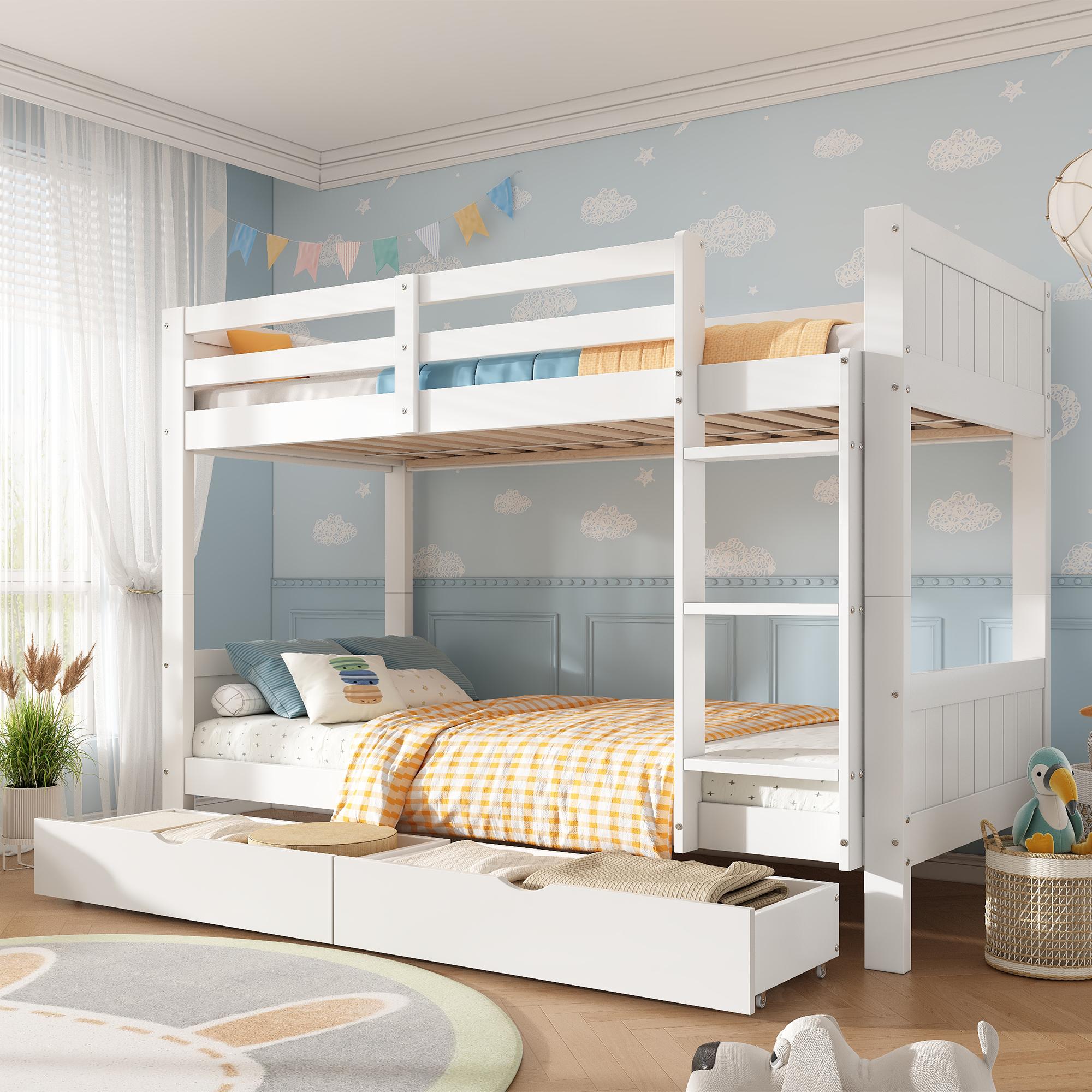 Merax Etagenbett 90x200cm, teilbar in 2 Einzelbetten, Kinderbett aus Kiefernholz und MDF, mit Leiter, Sicherheitsgeländer und 2 Schubladen, Weiß