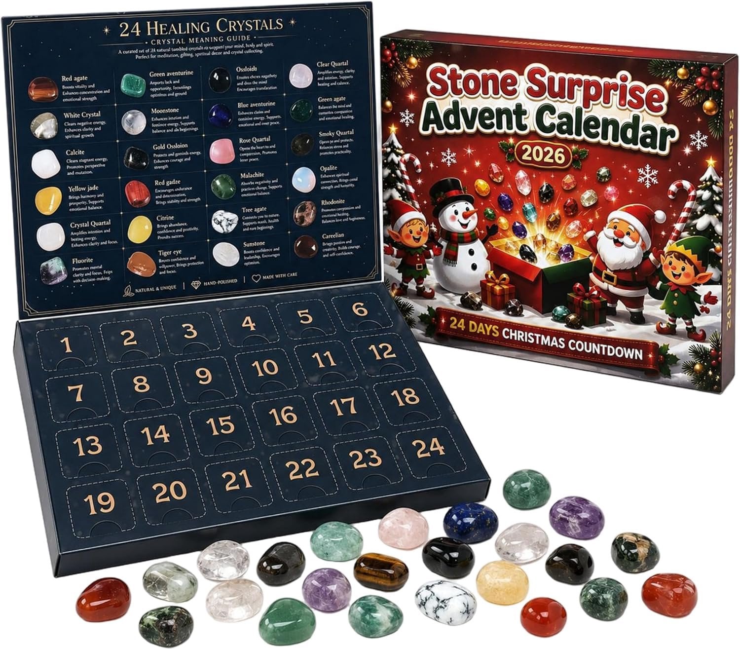 Kristallen adventskalender met 24 natuurlijke edelstenen voor kinderen