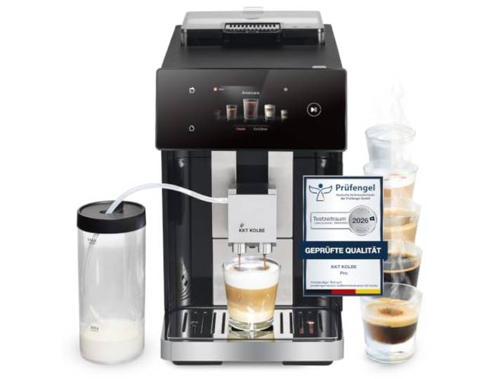 KKT KOLBE Pro Kaffeevollautomat mit Milchbehälter, Milchschaumdüse und Zubehör, 2 Tassen Funktion, 15 Bar, 7-stufiges Mahlwerk, TFT Touchscreen, Automatische Reinigung, 10 Getränke, schwarz silber
