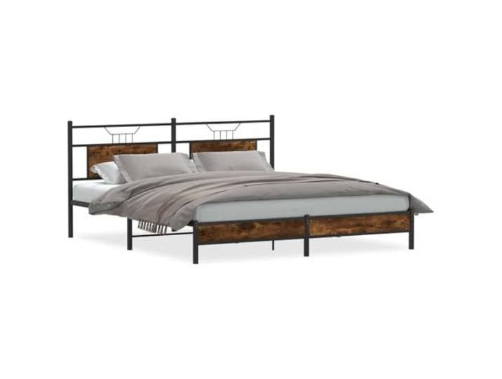 PUGYNBK Bettgestell Eiche rauchfarben 160 x 200 cm Langlebiger Stahlsockel, Kopfteil, Lattenrost, Stauraum