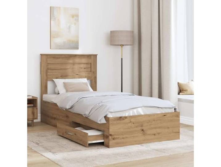 SKTQYQO Boxspringbett Eiche Handwerk 100 x 200 cm Technisches Holz, Lattenrost, 2 Schubladen, Griffe aus Metall, leicht zu reinigen