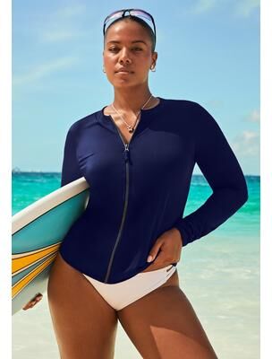 Plus Size Women's Zip Up Swim Shirt Rash Guard by Swimsuits For All in Navy (Size 16)