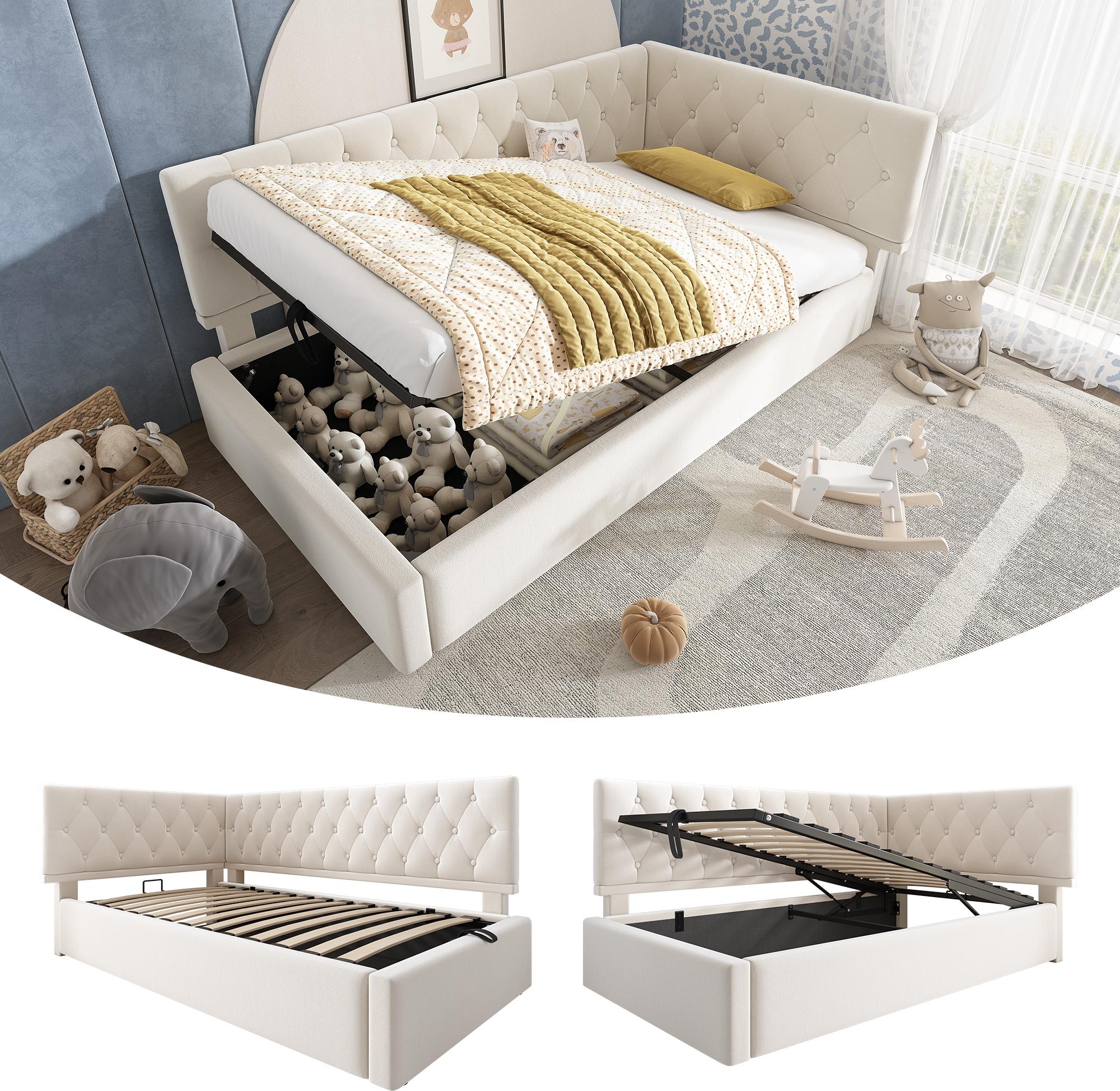 Polsterbett Tagesbett Daybett 90x200cm, Schlafsofa mit hydraulischem Stauraum, Kinderbett Jugendbett Bettgestell mit Lattenrost aus Holz, Samt, Beige