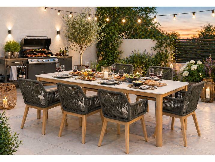 großer Gartentisch Florida 220x100 cm aus Akazienholz & Polystone inkl. 6 bequemen Gartenstühlen Albenga