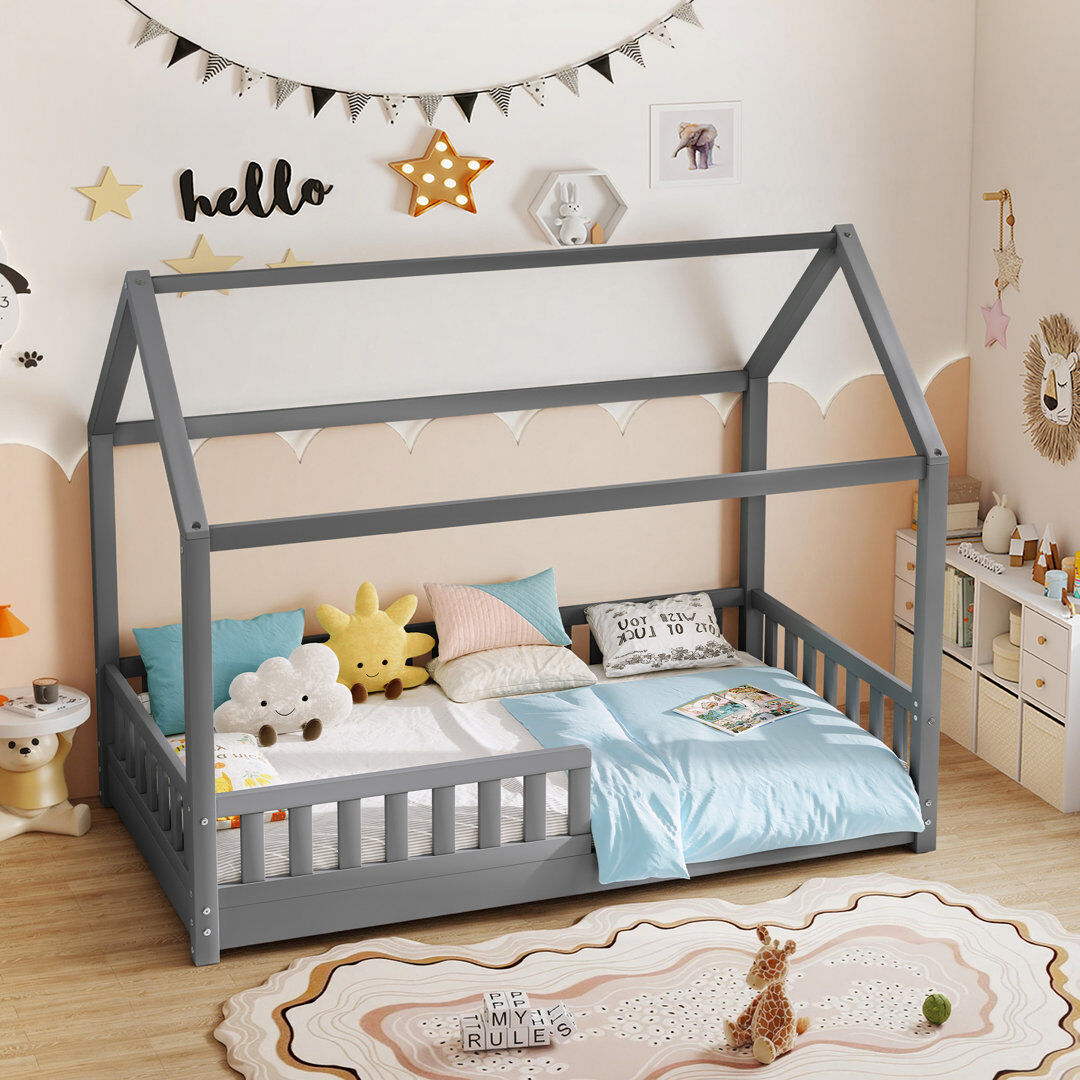 Ebern Designs Solid Wood House Bed with Guardrails, Montessori Floor Bed for Kids, Low Profile Toddler Bed Frame with Slats Grey