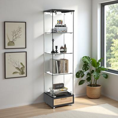 ZWYO HOSIMU "65.8""H Modern Glass Display Cabinet with LED Lights, Tempered Glass 1-Door Storage Case, 4 Shelves & Drawer, for Living Room"