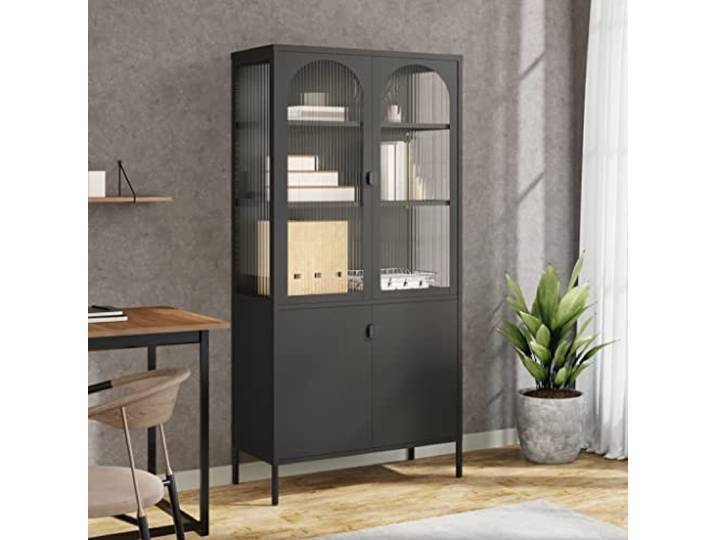 HEFZGDB Stabiles Highboard mit Einlegeböden und Nivellierfüßen aus pulverbeschichtetem Stahl und Riffelglas für viel Stauraum und dekorative Oberplatte