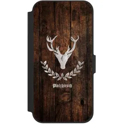 Nivocase Klapphülle für Apple iPhone 12 Handyhülle aus Kunst Leder NIVOflip schwarz Hirsch Holz Holzoptik (Apple iPhone 12), Smartphone Hülle, Schwarz