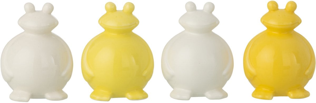 J-Line decoratie Kikker - Porselein - Wit/geel - Set van 4