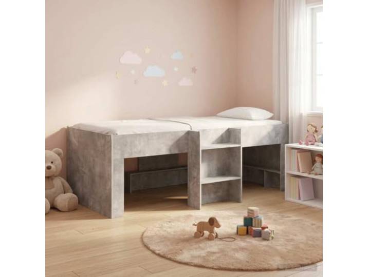 SKTQYQO Kinderbett Loft mit Treppe grau Beton 100 x 200 cm Technisches Holz, stabil, Platz unter Spielen, modernes Design, TPE-Eckprotektoren