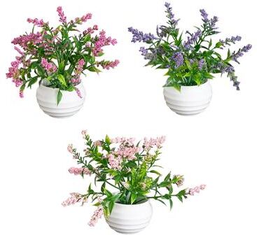 Nearly Natural 5-in Mini Lavender Plant in White Decorative Oval Planter - Set of 3