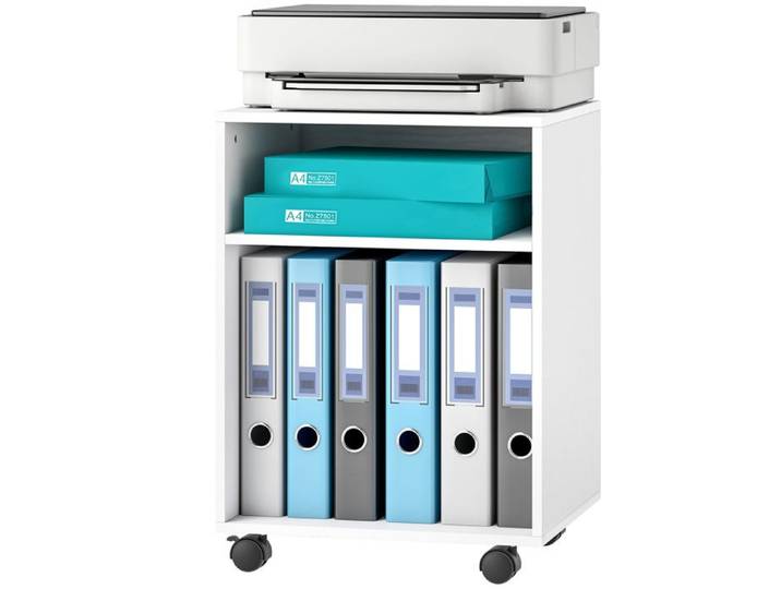 LIA Support d'imprimante meuble de rangement sur roulettes avec 2 étagères ouvertes 40x35x55 5cm blanc