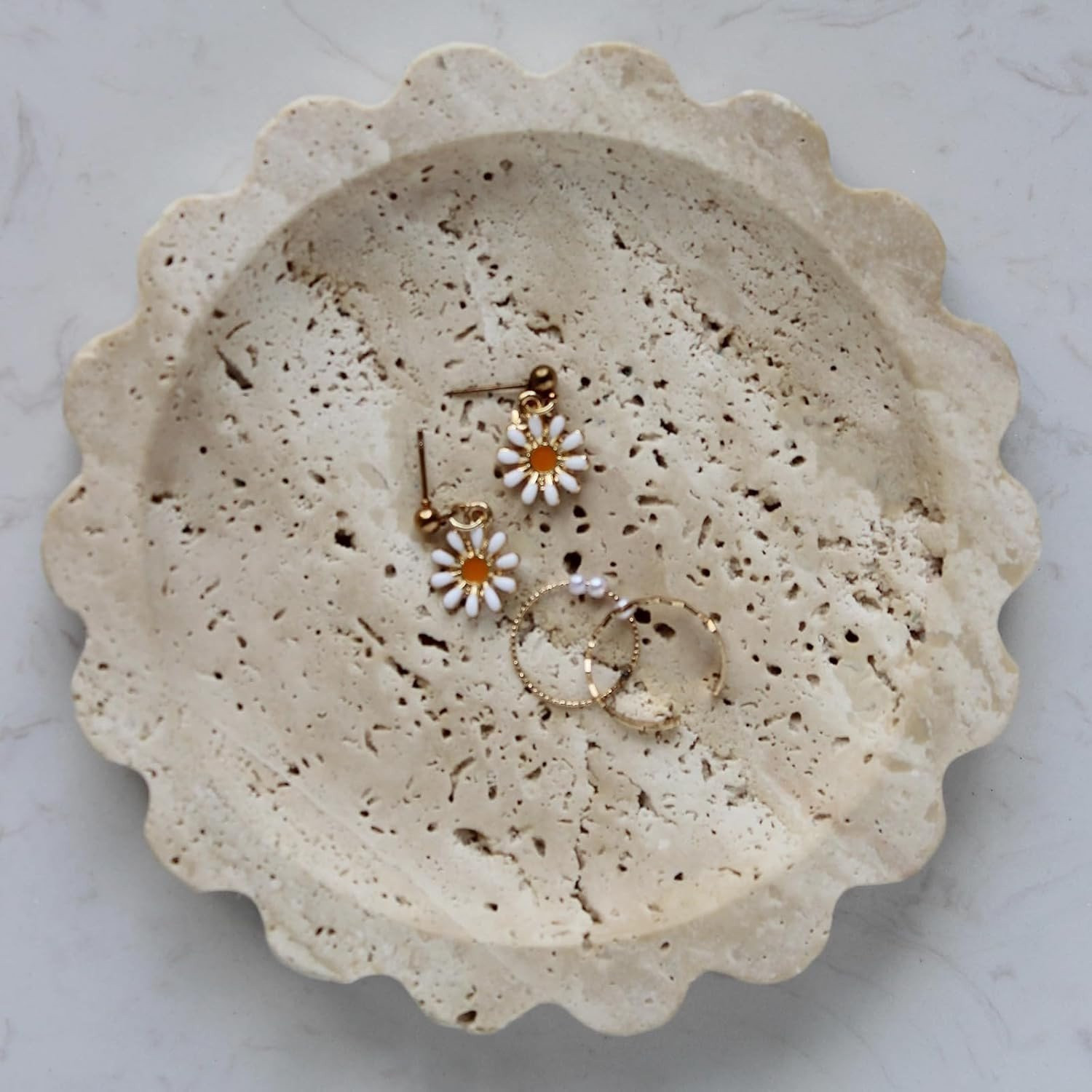 Rond Marmeren Dienblad met Scalloped Ontwerp, 16 cm, Sieraden Organizer