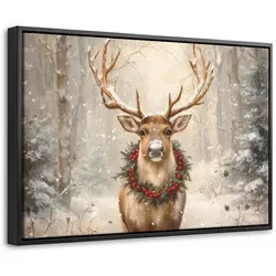 LEINWAND Bilder mit Rahmen - Weihnachten - Rentier - Winter - Kranz - 60x40