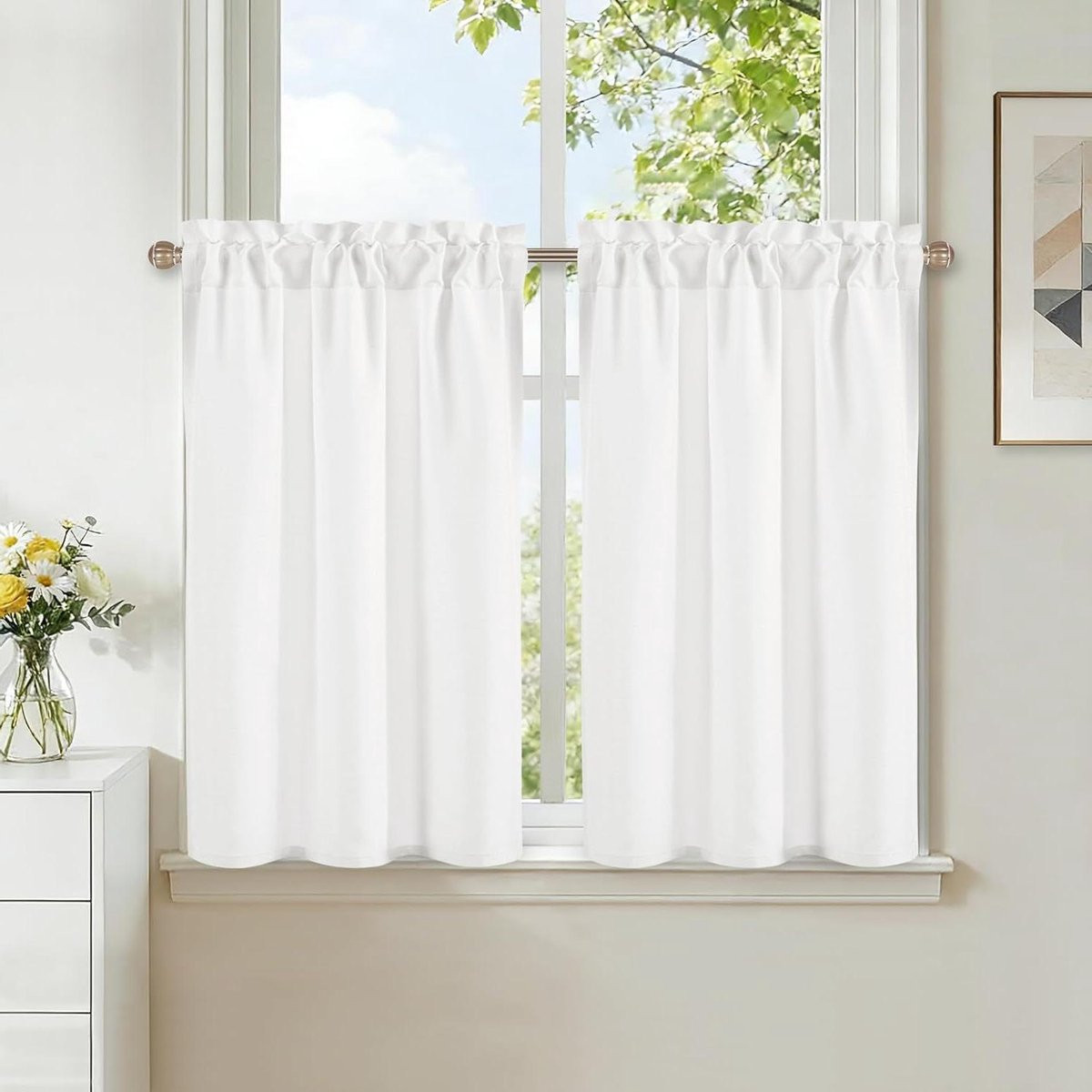 Vitrage Keukengordijnen Bistrogordijn Wit Linnenlook Polyester H120 x B60 cm - 2 Stuks