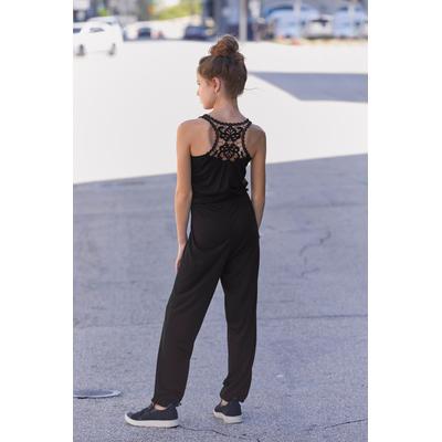 Overall KIDSWORLD "Jumpsuit mit aufwendiger Spitze im Rücken", Mädchen, Gr. 128, N-Gr, schwarz, Jersey, Obermaterial: 100% Viskose. Spitze: 100% Baumwolle, unifarben, weit lang, Rundhals, Overalls Overall, mit Spitzeneinsatz im Rücken
