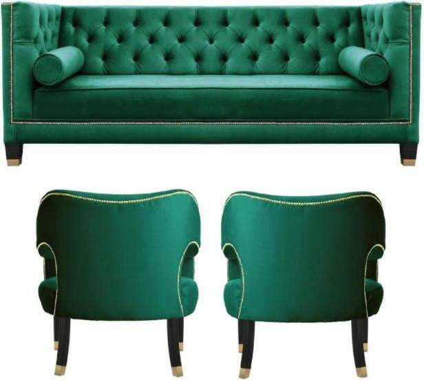 Groene Chesterfield set met 2 fauteuils van textiel in modern design