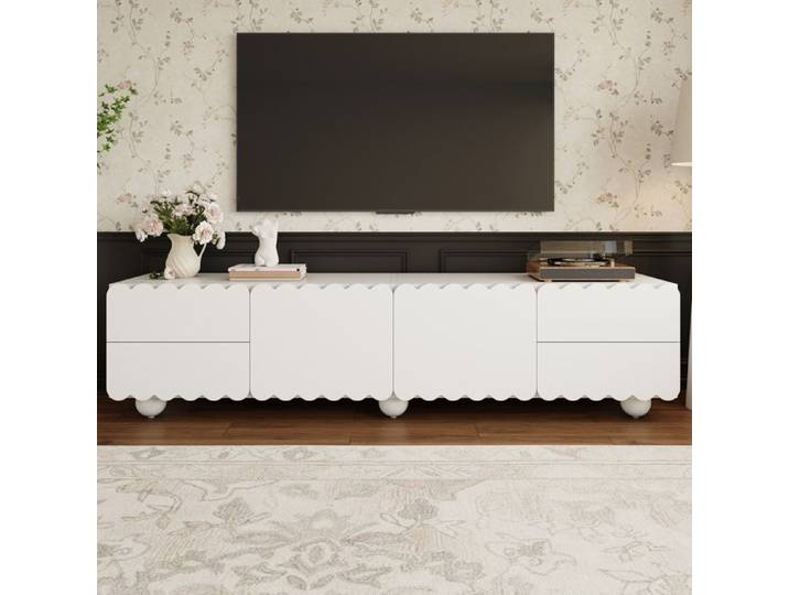 Meuble TV - SENVIRO lignes courbes rangement discret 175x38x37cm blanc