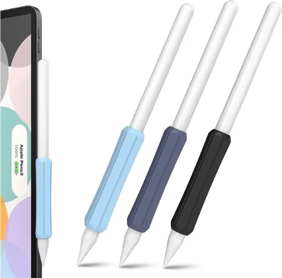 Stoyobe Set van 3 Siliconen Houders voor Apple Pencil 1, Apple Pencil 2 en Huawei M-Pencil - Donkerblauw, Lichtblauw en Zwart