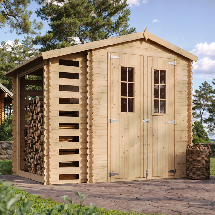Gartenhaus mit Brennholzregal aus Holz 4,47 m2 - Gartenschuppen Holz MIT IMPRÄGNIERTEM BODEN - B206xL272xH218 cm - Geräteschuppen - wasserfestes Dach - TIMBELA M386C+M386G